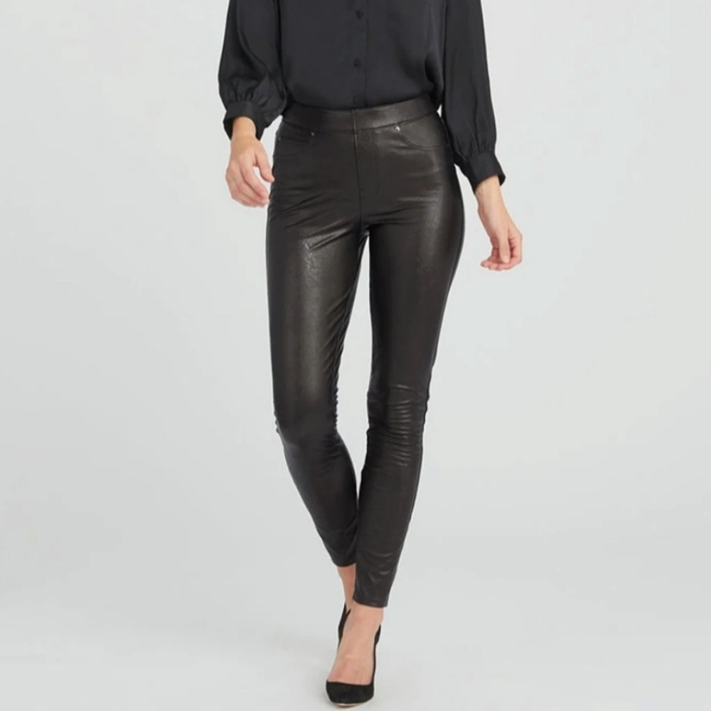 SPANX Black/Brown Faux Leather Ankle Skinny Pants, Size L Petite ~ EUC